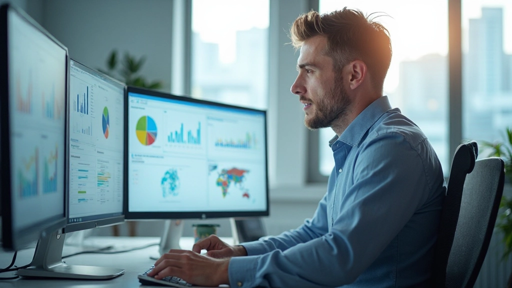 Рабочее место с несколькими мониторами, на которых отображены различные инструменты визуализации данных