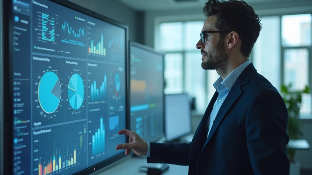 Профессионал изучает графики и диаграммы на интерактивной панели