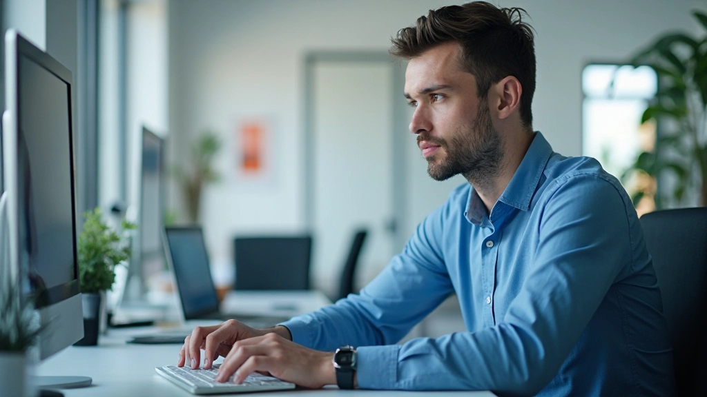 Аналитик изучает данные конкурентов на компьютере в офисе