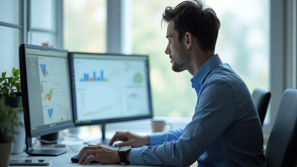 Специалист работает с таблицами и расчетами на компьютере